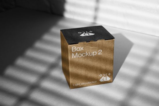 Cardboard box mockup on a sunlit surface with shadows, ideal for product packaging design presentations in templates category.
